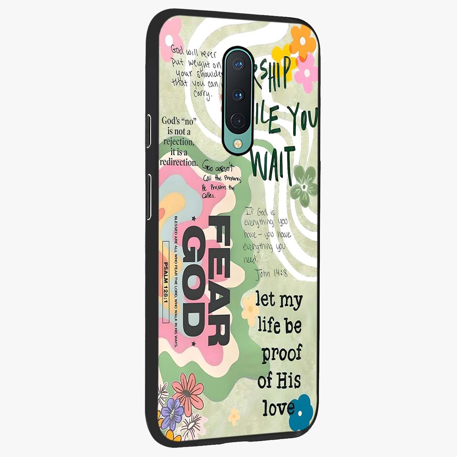 Faith Over Fear Glass Case upright view showcasing bold typography artwork with uplifting motivational theme.