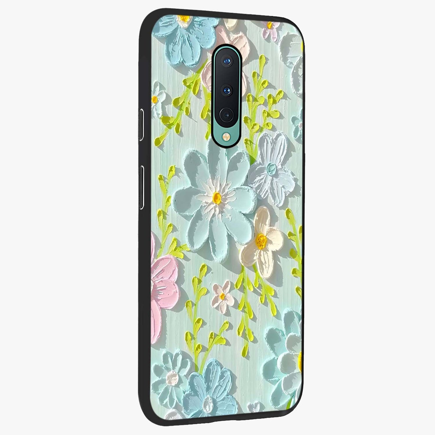 Frosted Petal Garden Glass Case upright view showcasing elegant floral garden artwork with soothing pastel theme.