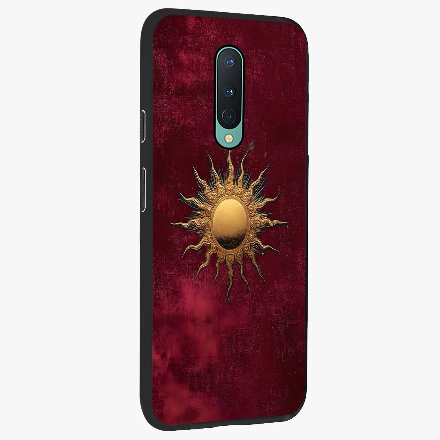 Golden Sun Minimalism Glass Case upright view showcasing simple golden sun artwork with elegant minimalist style.