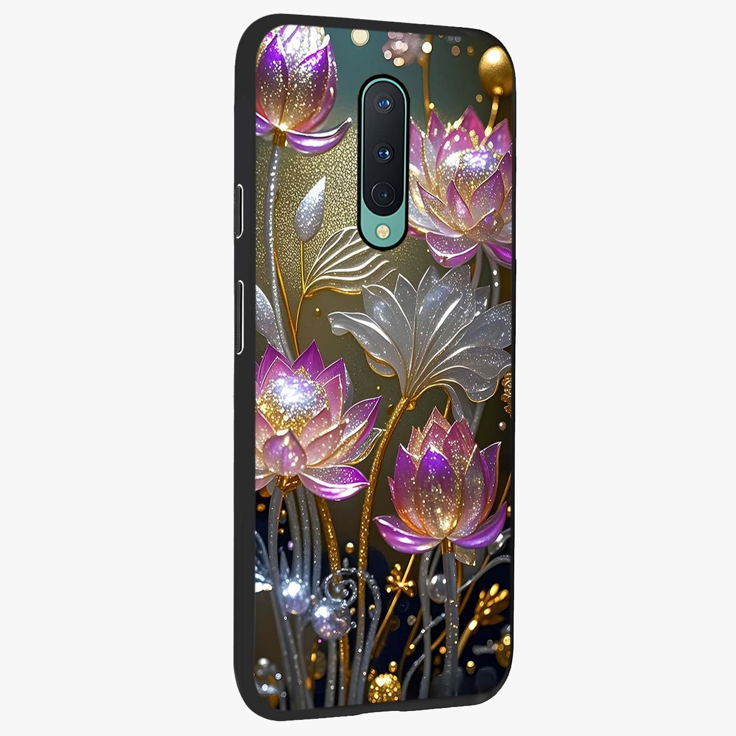 Golden Floral Majesty Glass Case upright view showcasing majestic floral artwork with rich decorative theme.