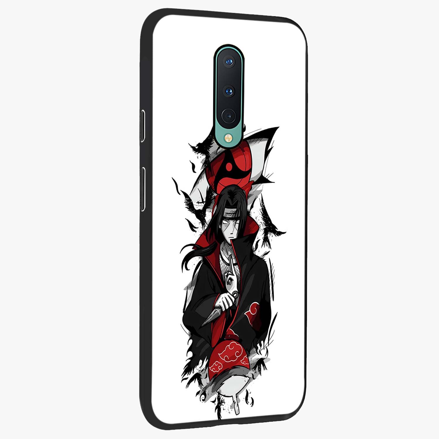 Itachi Sharingan Glass Case upright view showcasing intense anime eye artwork with bold character theme.