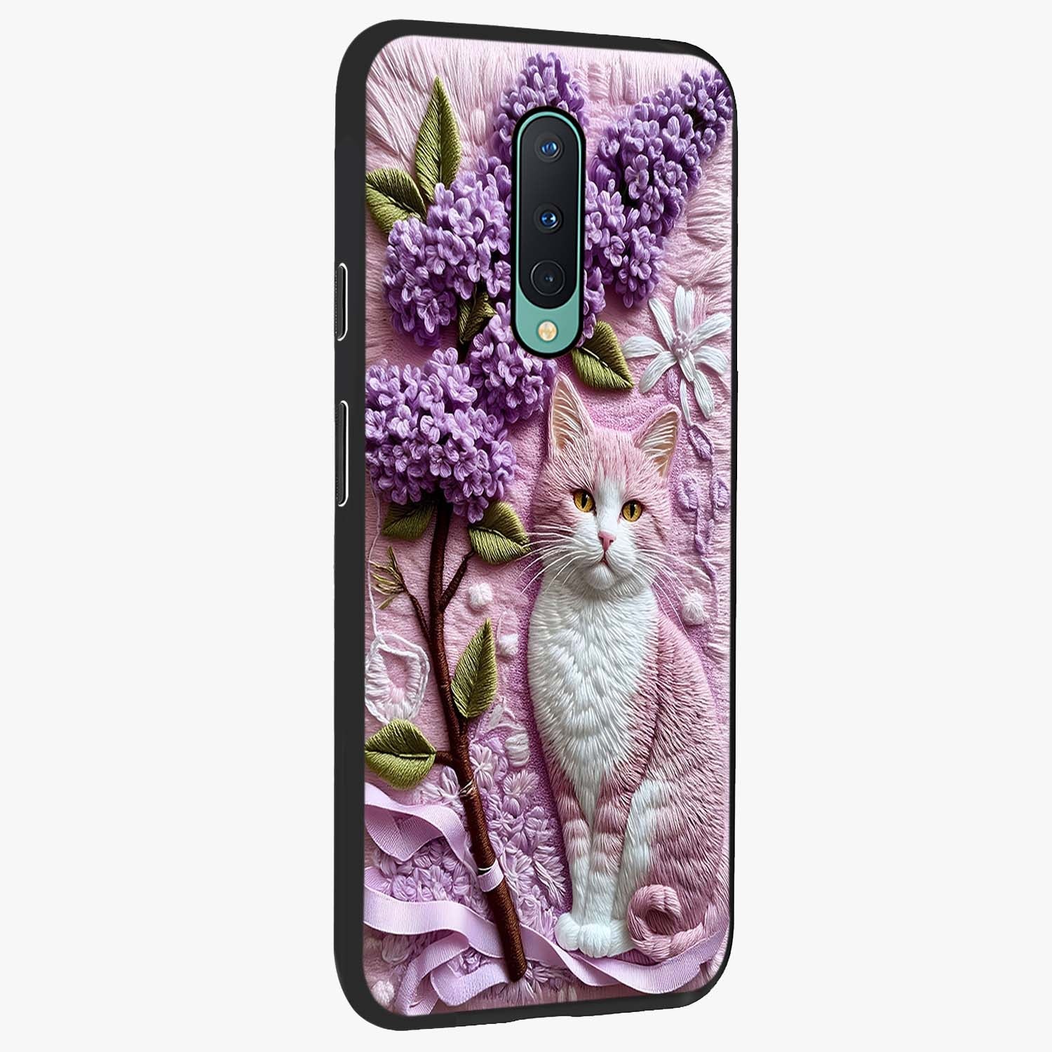 Lavender Cat Whimsy Glass Case upright view showcasing charming cat artwork with whimsical lavender theme.