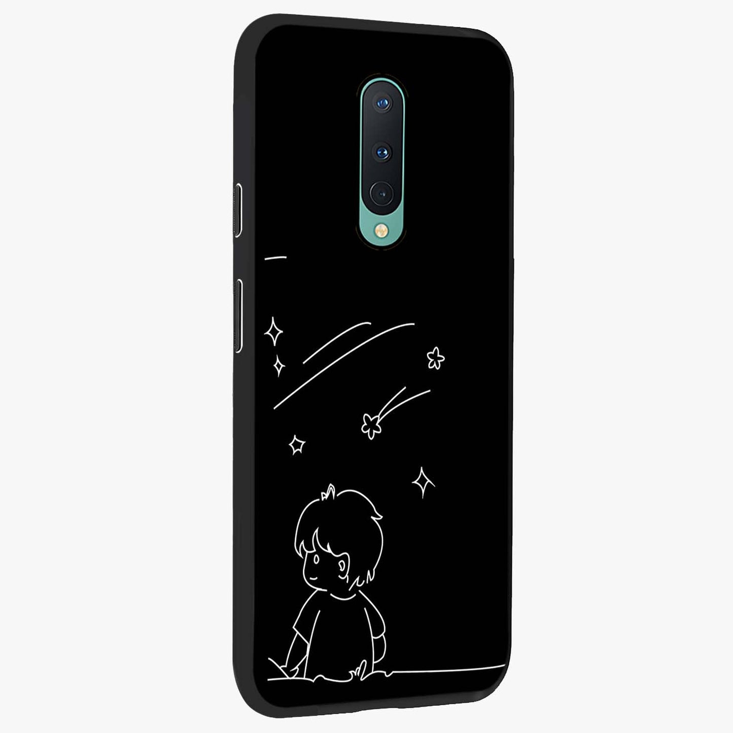 Line Art Boy With Shooting Stars Glass Case upright view showcasing artistic shooting star illustration with minimal style.