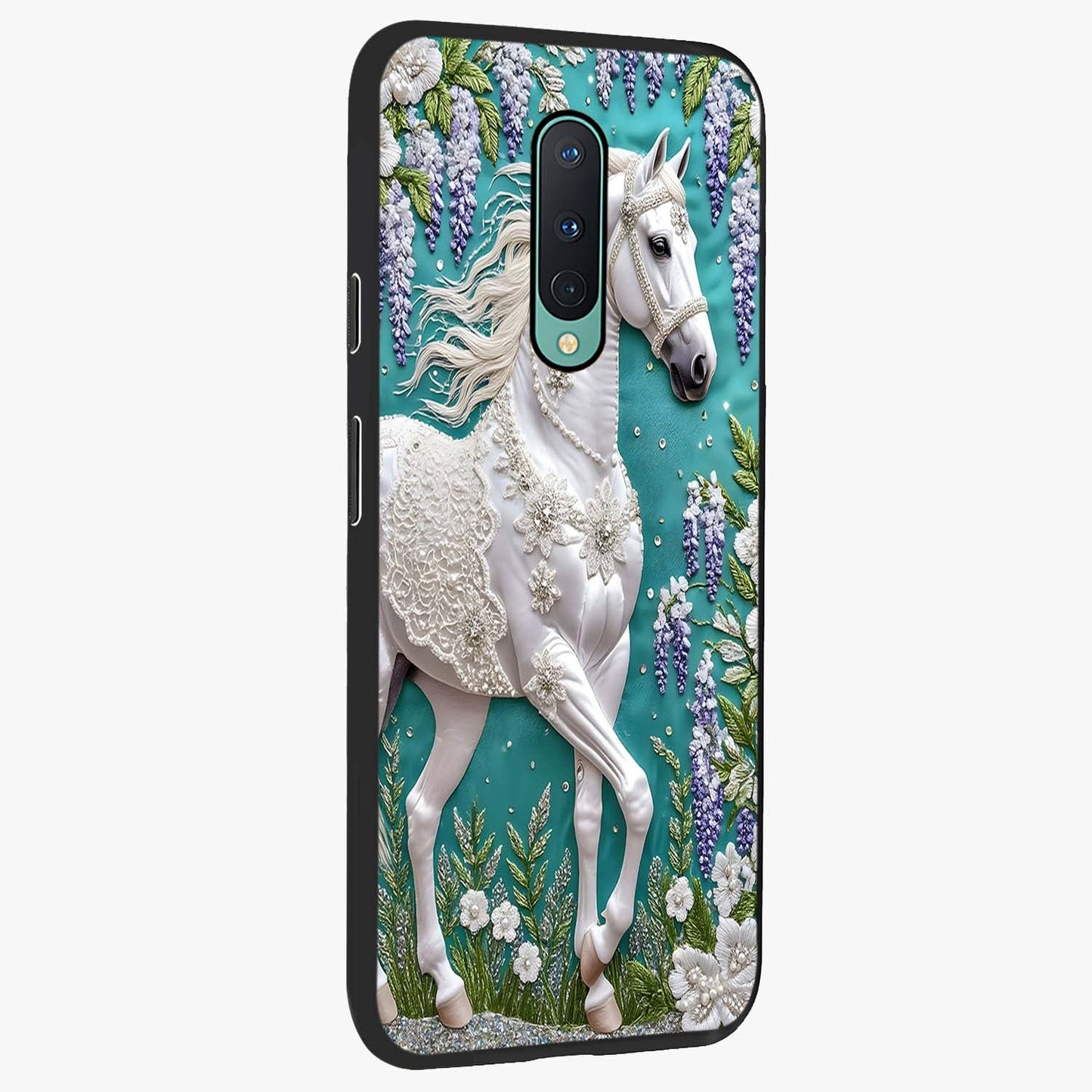 Majestic Floral Stallion Glass Case upright view showcasing dramatic horse artwork with decorative floral theme.