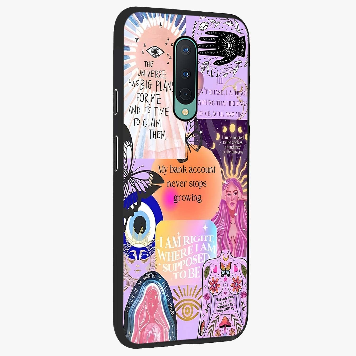 Manifestation Collage Glass Case upright view showcasing artistic manifestation themed artwork with creative style.