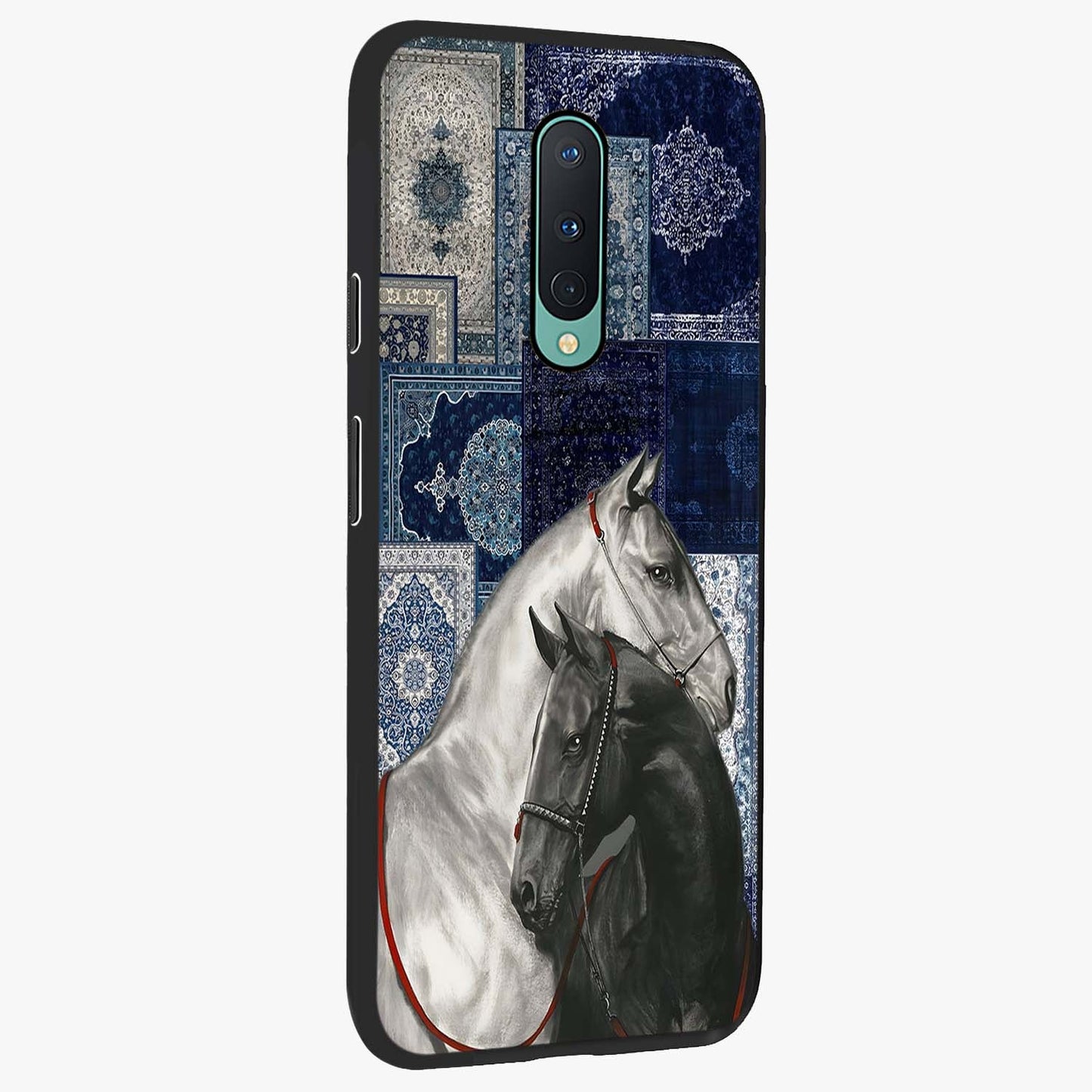 Midnight Stallion Blues Glass Case upright view showcasing dramatic horse artwork with bold artistic theme.