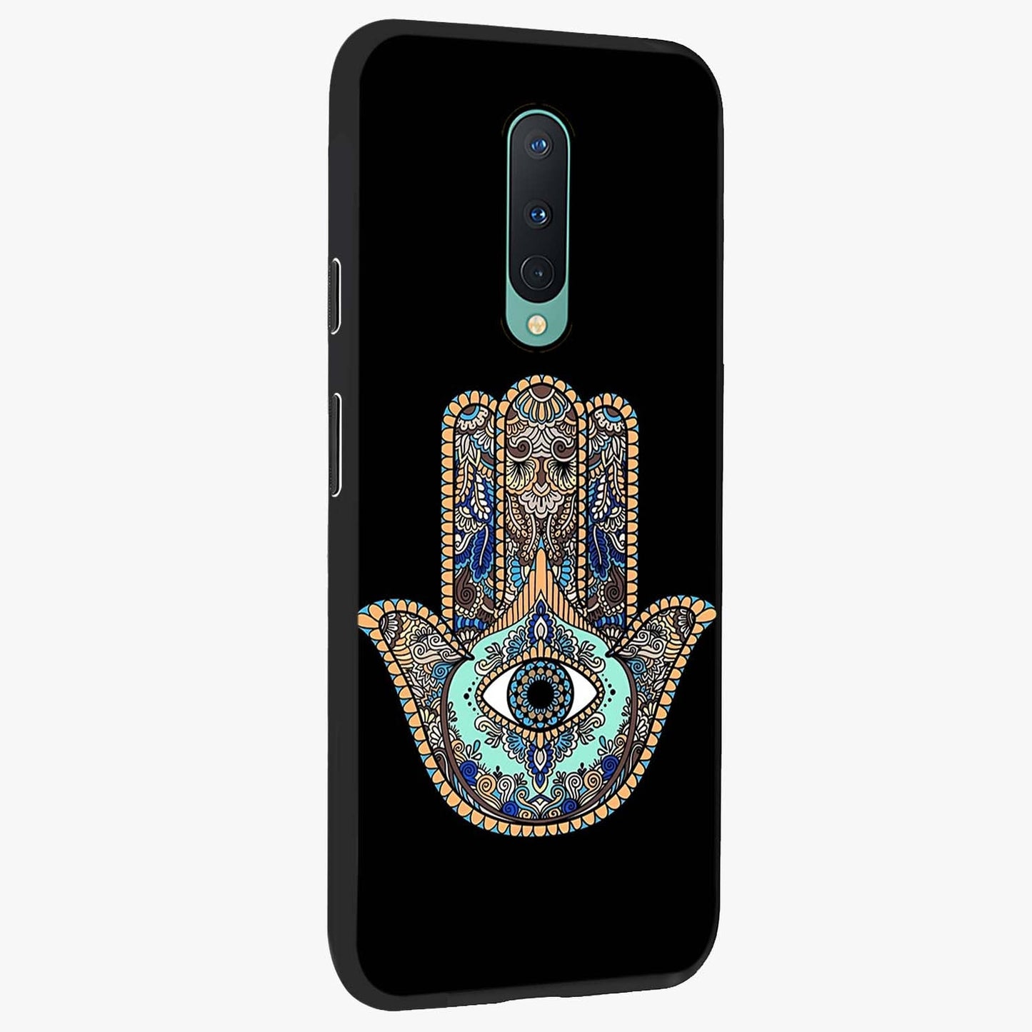 Mystic Hamsa Eye Glass Case upright view showcasing detailed hamsa eye artwork with protective spiritual theme.