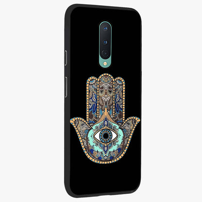 Mystic Hamsa Eye Glass Case upright view showcasing detailed hamsa eye artwork with protective spiritual theme.