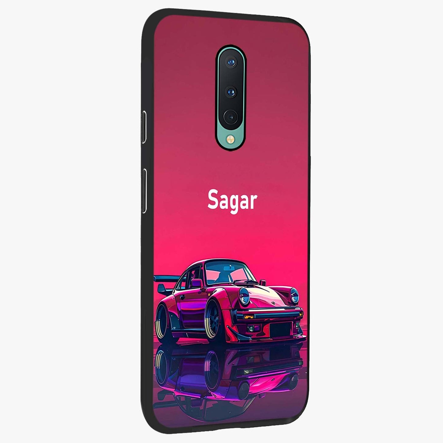 Neon Pink Porsche Glass Case upright view showcasing vibrant sports car artwork with bold automotive theme.