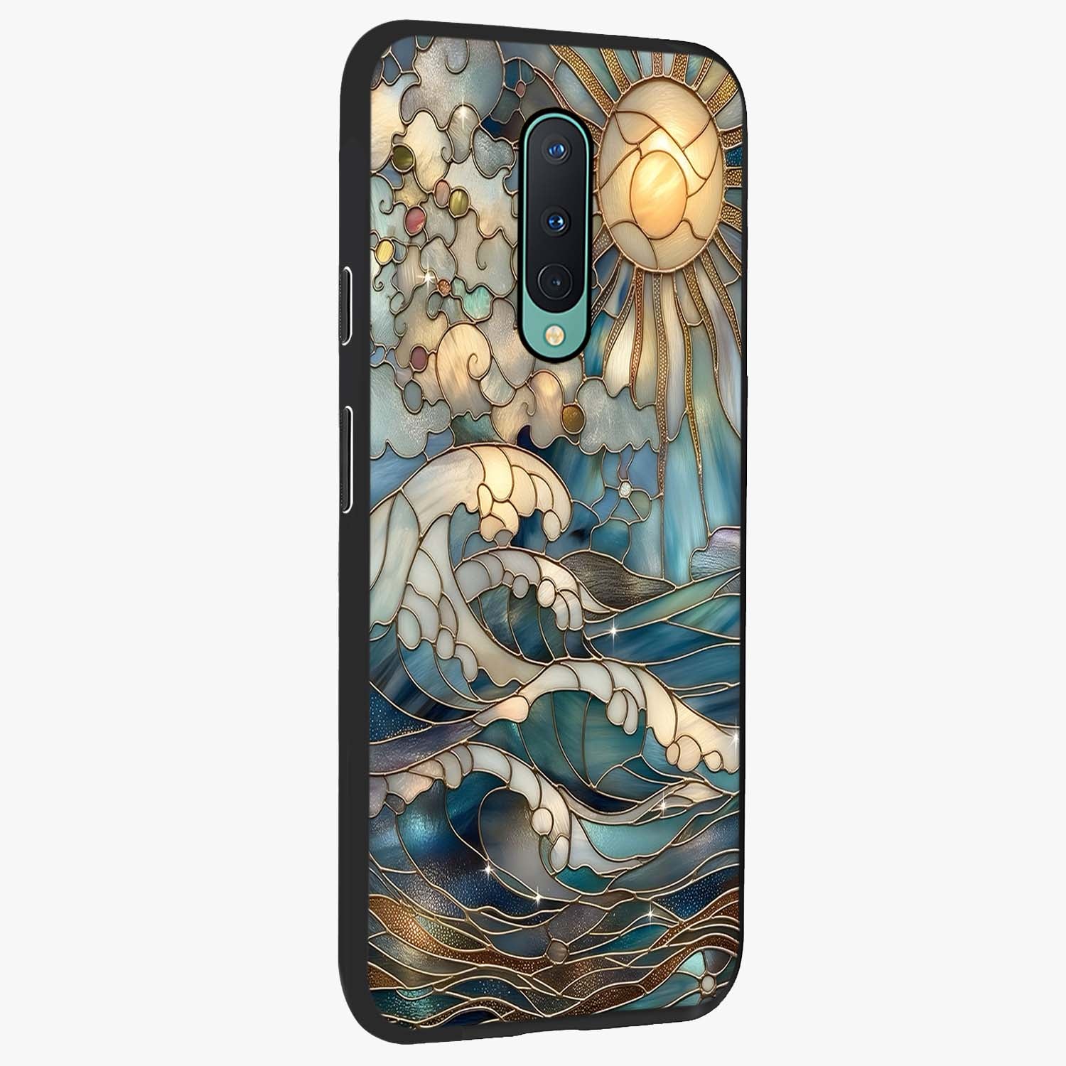 Oceanic Stained Printed Glass Case upright view showcasing decorative ocean pattern artwork with vibrant marine theme.