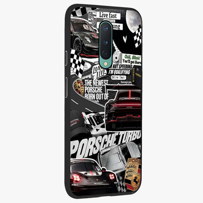 Porsche Racing Collage Glass Case upright view showcasing energetic car collage artwork with high speed racing theme.