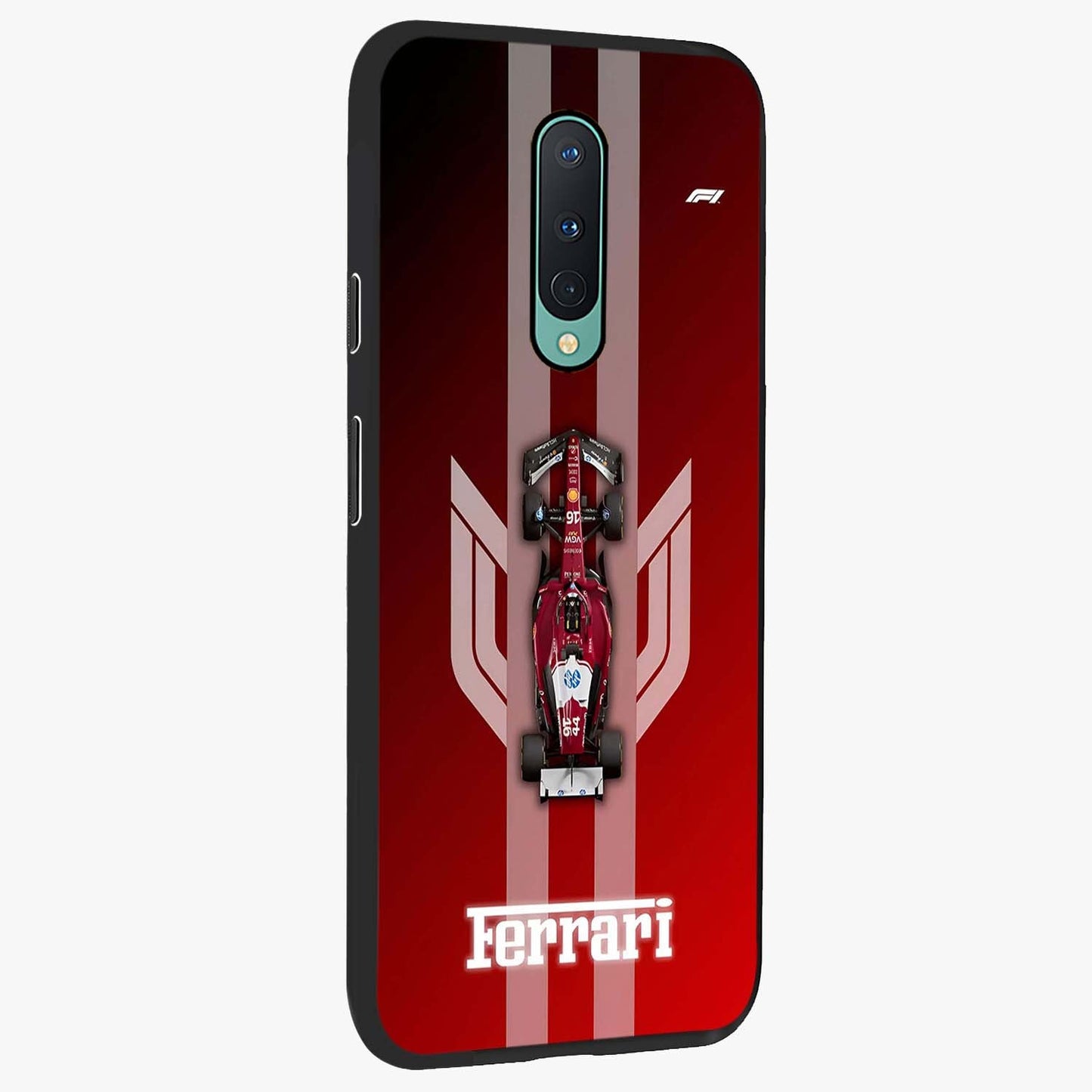 Red Ferrari F1 Vertical Glass Case upright view showcasing powerful Formula car artwork with dynamic motorsport theme.