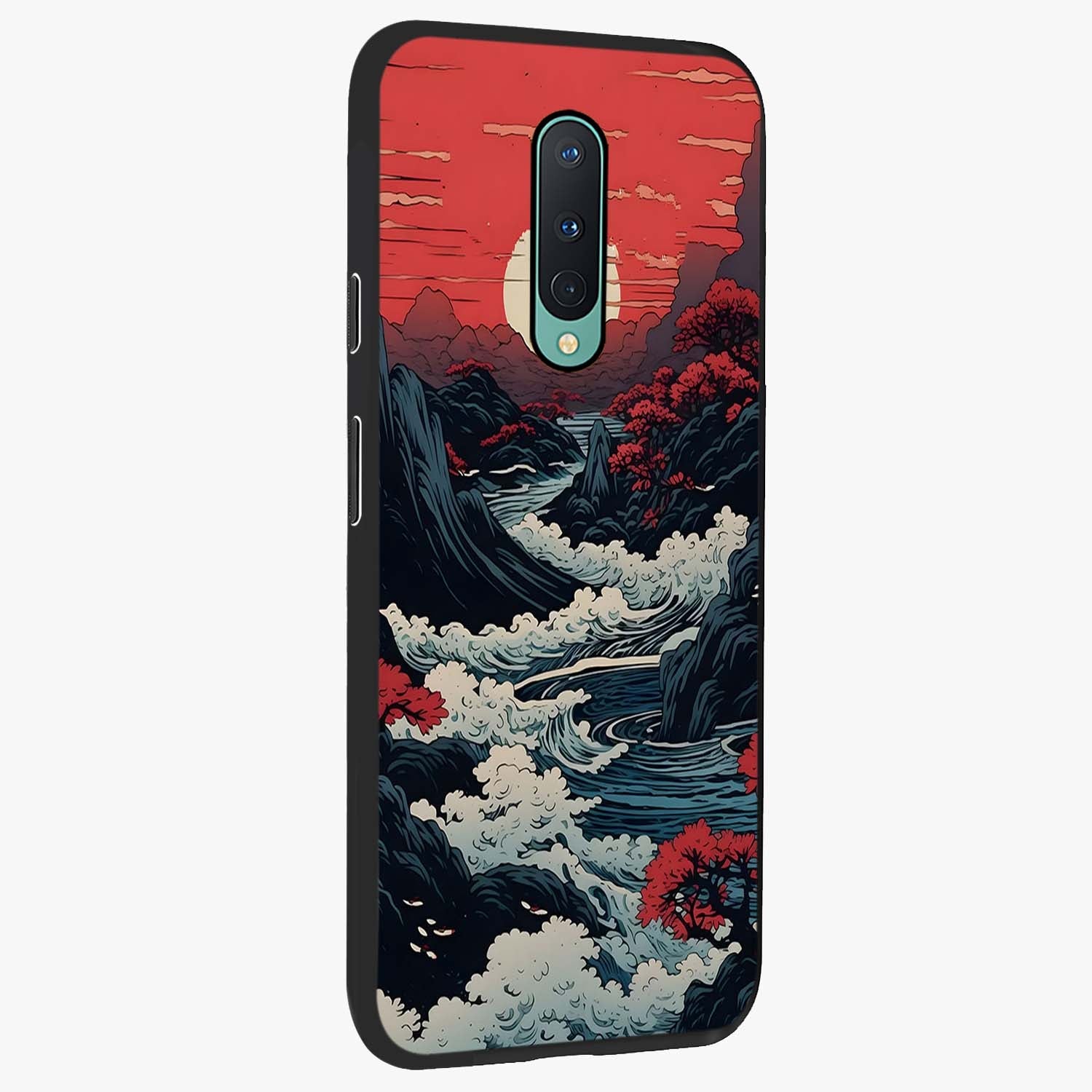 Red Sunset Scenery Glass Case upright view showcasing dramatic sunset scenery artwork with warm nature theme.