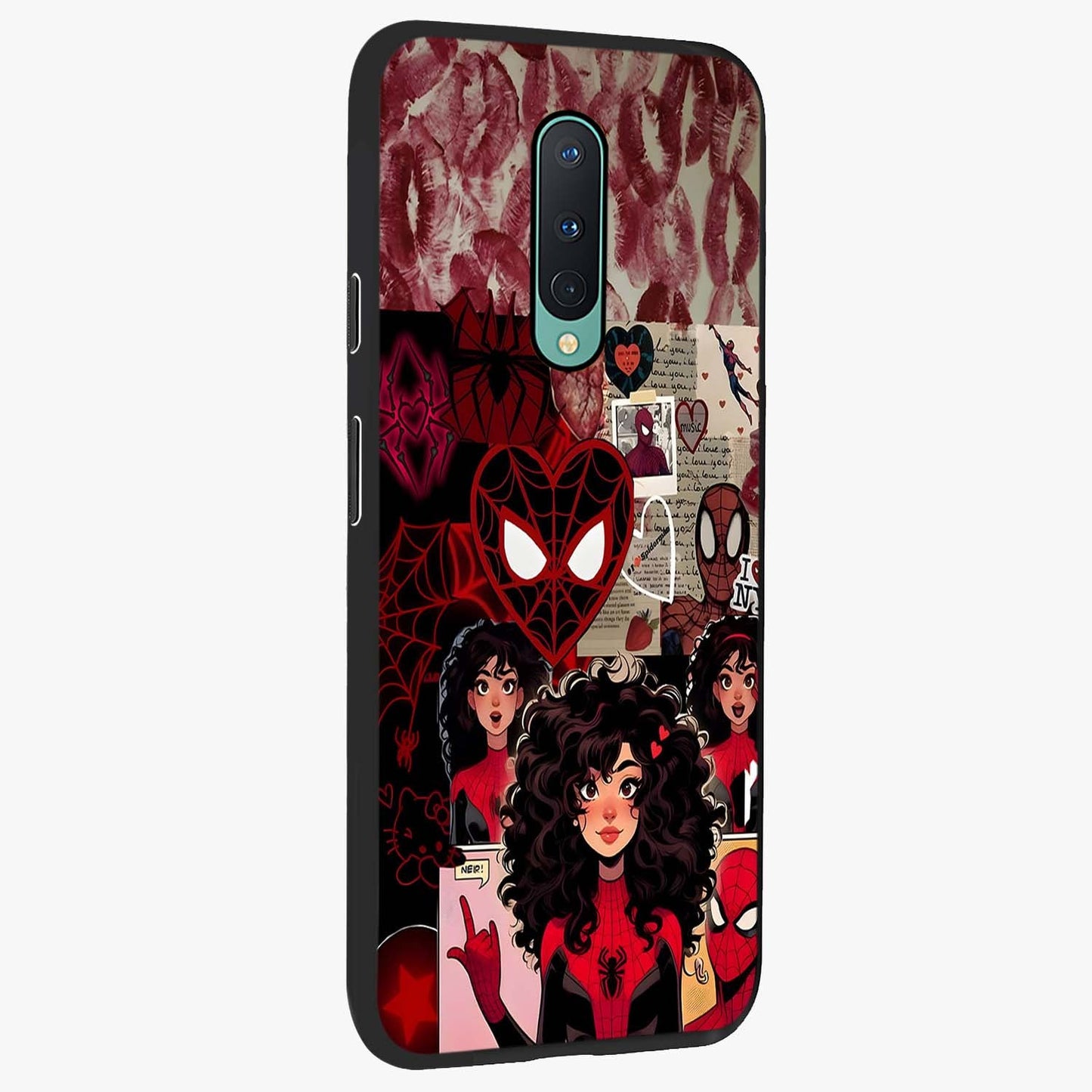 Spider Love Story Glass Case upright view showcasing charming superhero artwork with romantic comic theme.