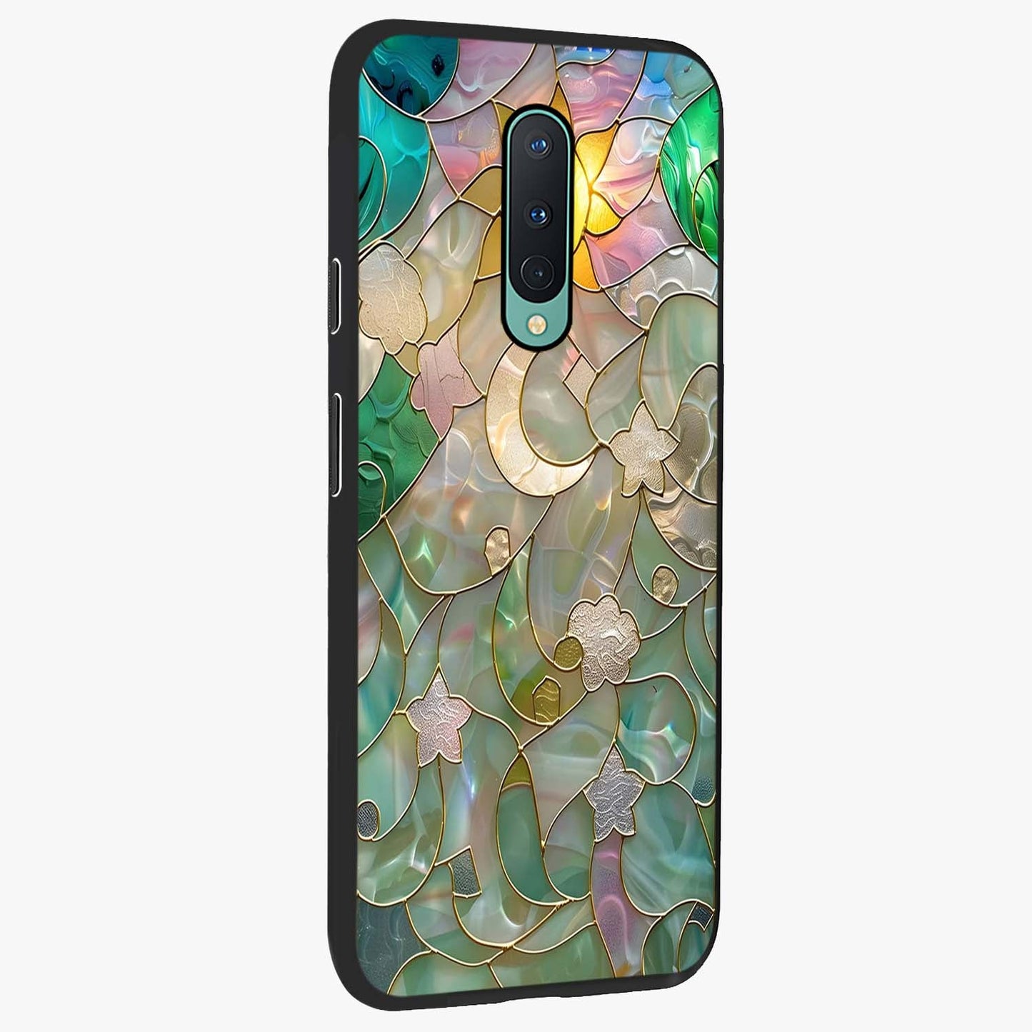 Stained Sunrise Glow Glass Case upright view showcasing colorful sunrise artwork with warm morning theme.