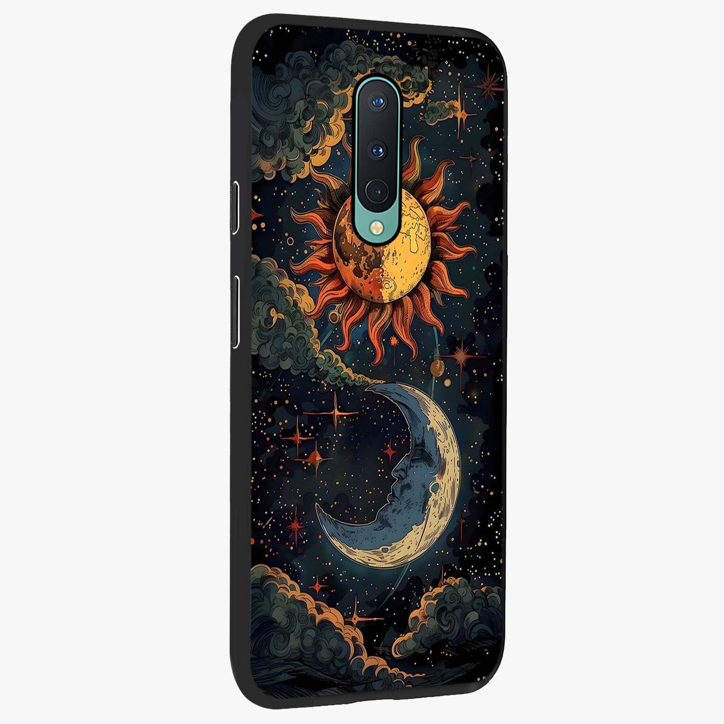 Sun And Moon Magic Design Glass Case upright view showcasing decorative sun and moon artwork with spiritual celestial theme.