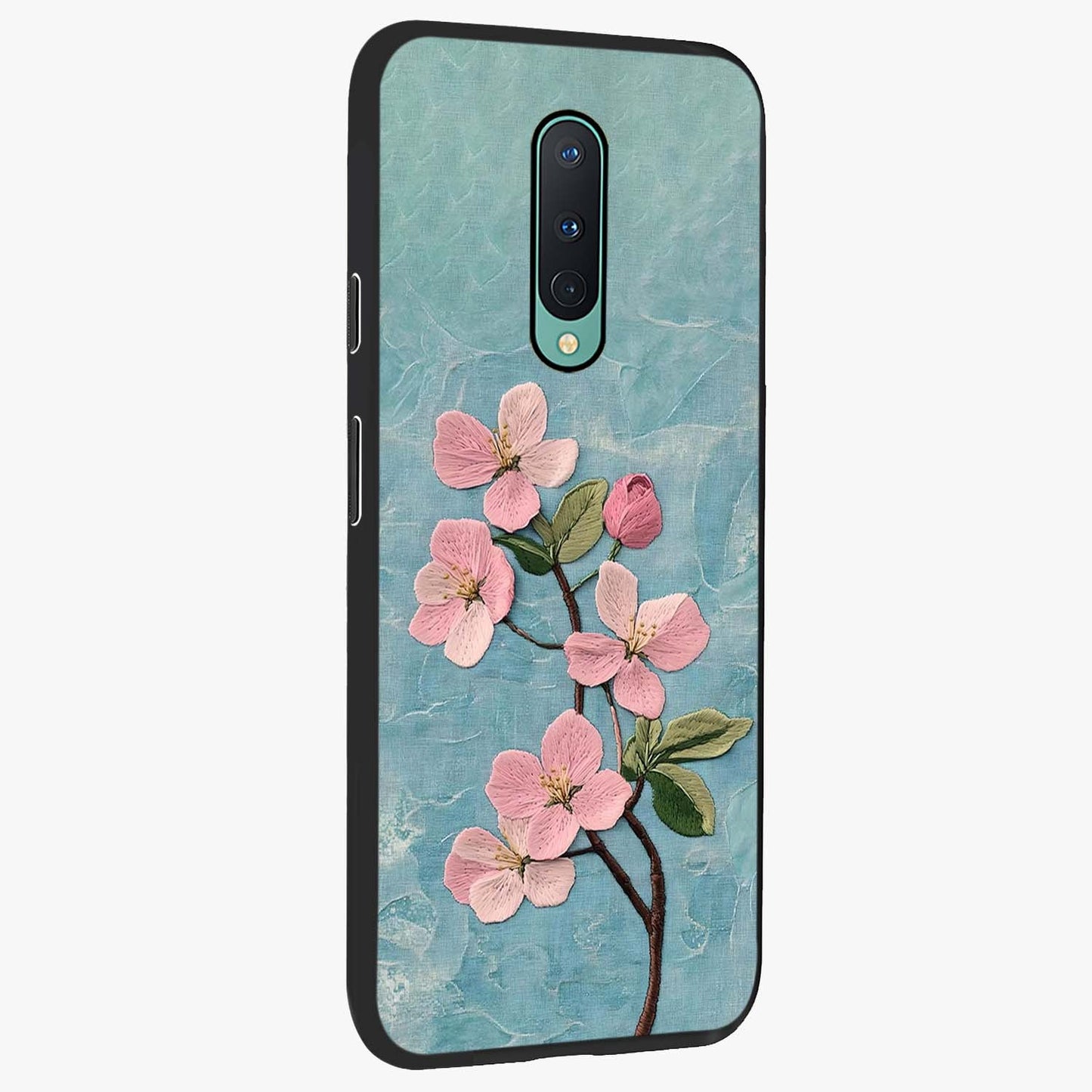 Threaded Blossom Breeze Glass Case upright view showcasing graceful flower artwork with calm botanical theme.