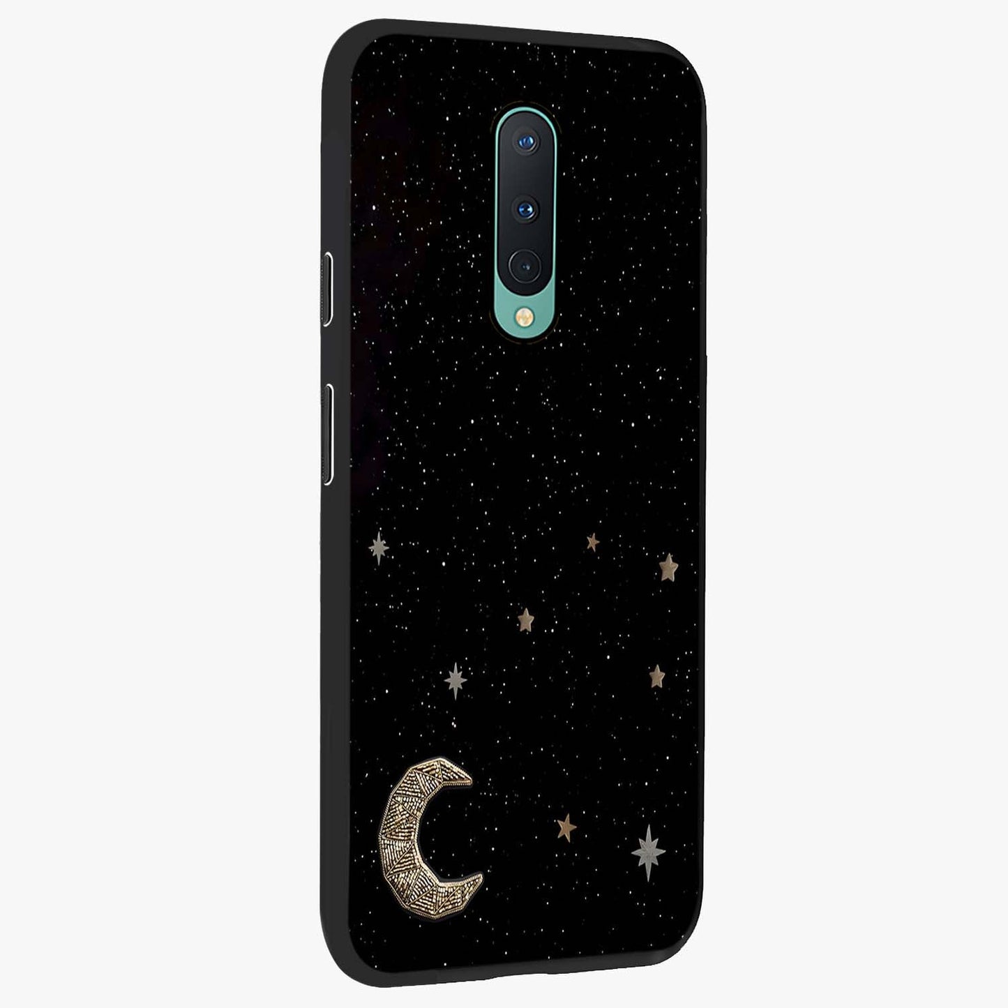 Twinkle Star With Half Moon Glass Case upright view showcasing glowing cosmic artwork with dreamy night theme.