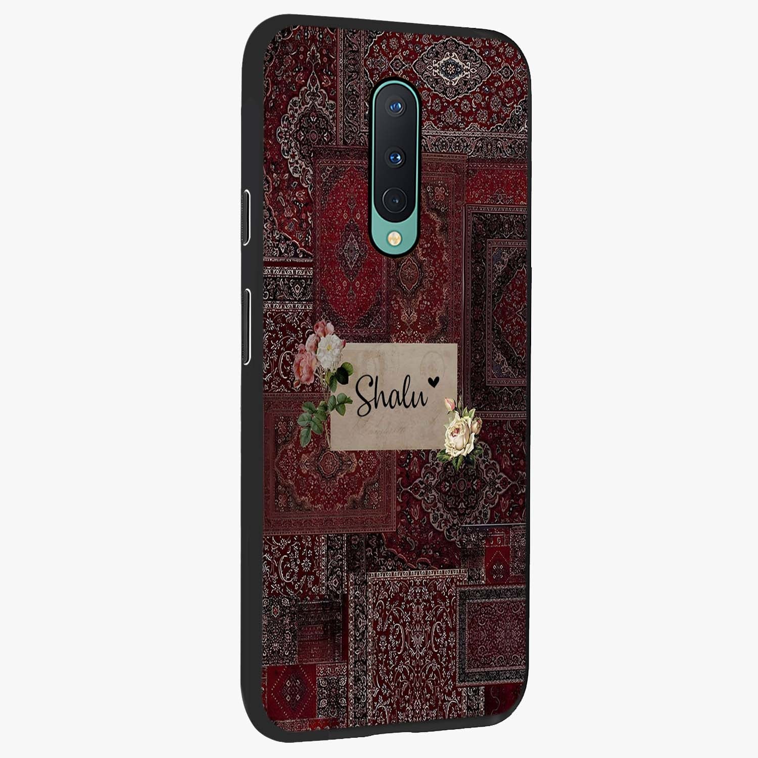 Velvet Wine Pattern Custom Name Glass Case upright view showcasing luxurious wine toned artwork with personalized aesthetic.