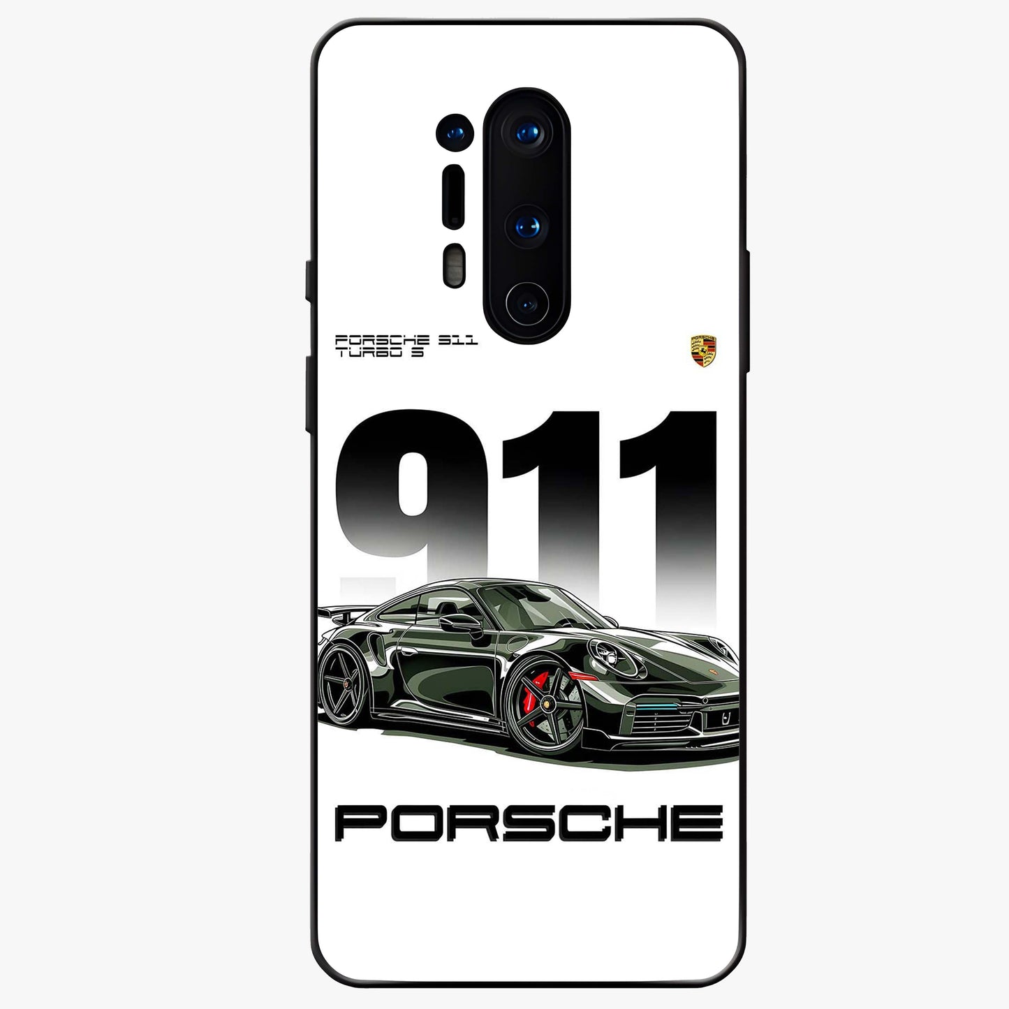 911 Turbo Dominance Glass Case showing clean flat back view with bold 911 sports car artwork and glossy glass finish.