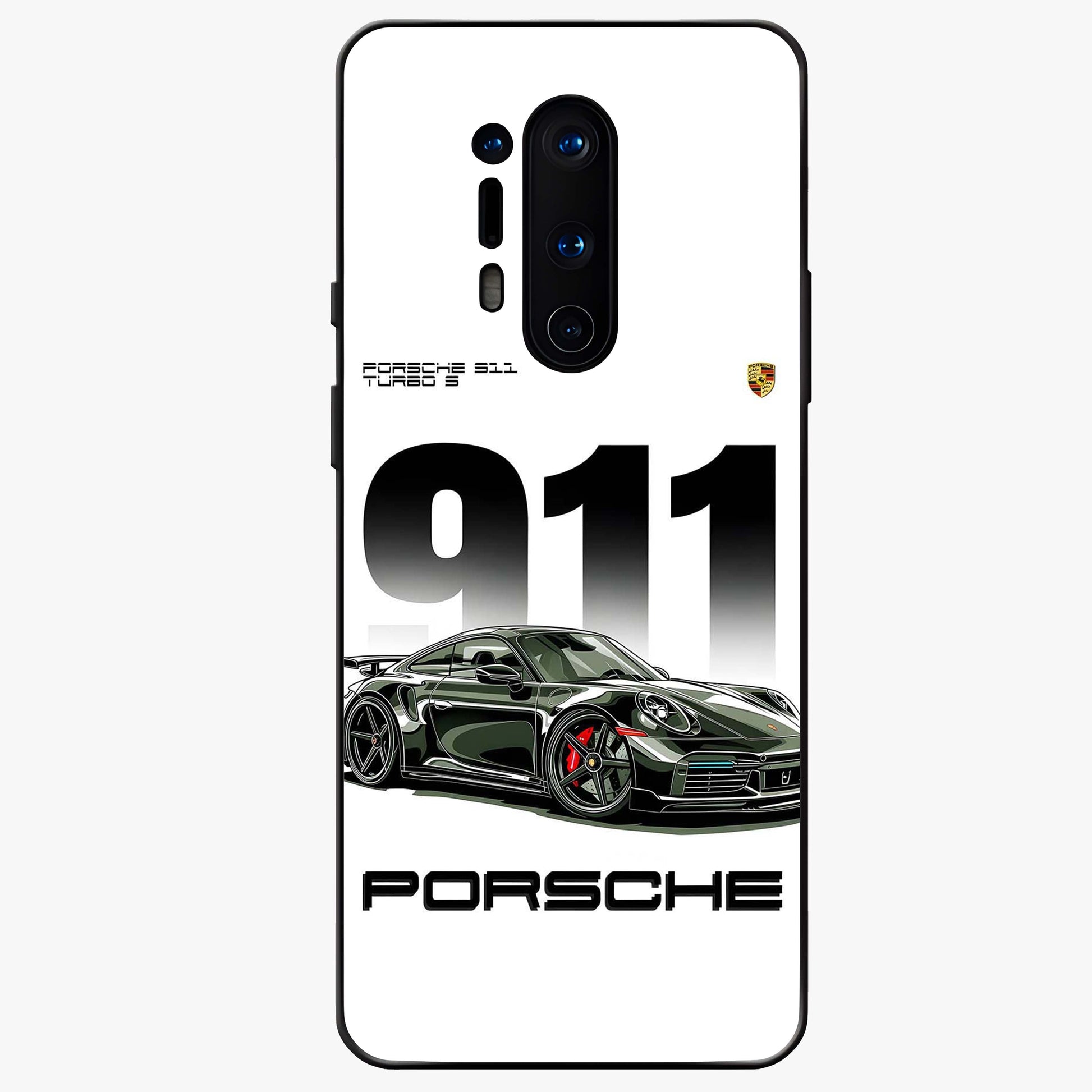 911 Turbo Dominance Glass Case showing clean flat back view with bold 911 sports car artwork and glossy glass finish.