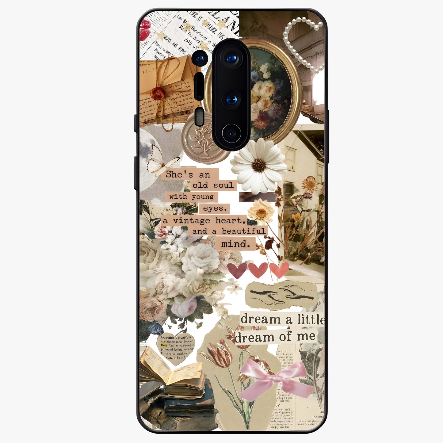 Aesthetic Brown Vintage Collage Glass Case showing flat back view with retro collage artwork and glossy glass finish.