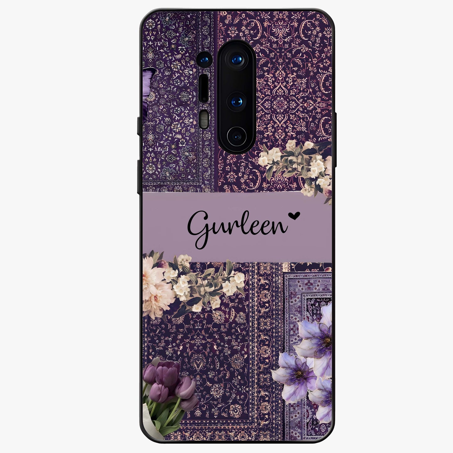Antique Floral Whisper Custom Name Glass Case showing flat back view with vintage floral artwork and personalized name design.