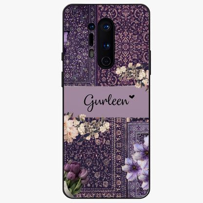 Antique Floral Whisper Custom Name Glass Case showing flat back view with vintage floral artwork and personalized name design.
