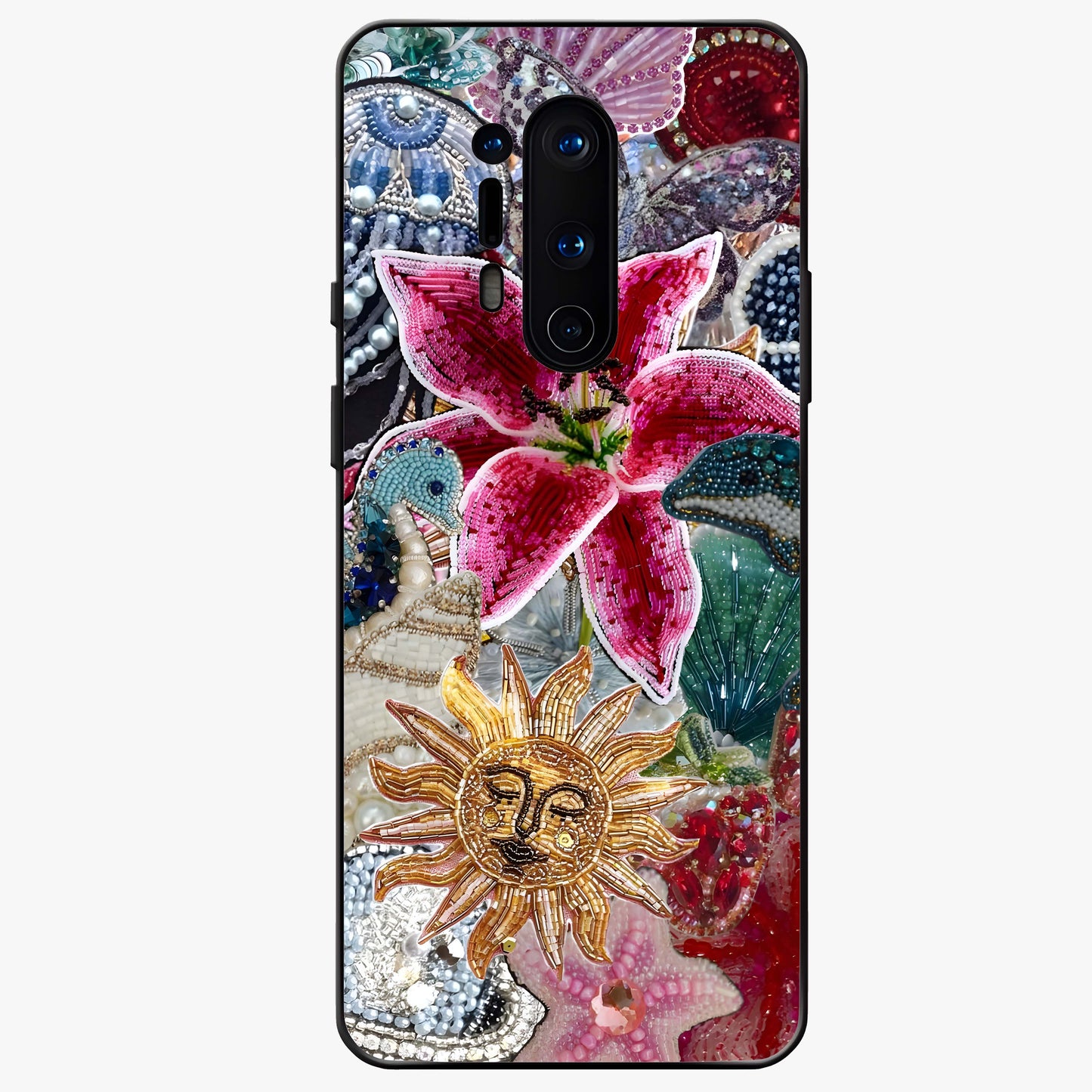 Beaded Garden Fantasy Glass Case showing flat back view with dreamy garden bead artwork and glossy glass finish.