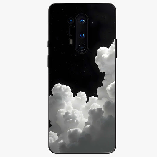 Black Background With White Cloud Glass Case showing flat back view with minimal cloud artwork on dark background and glossy glass finish.