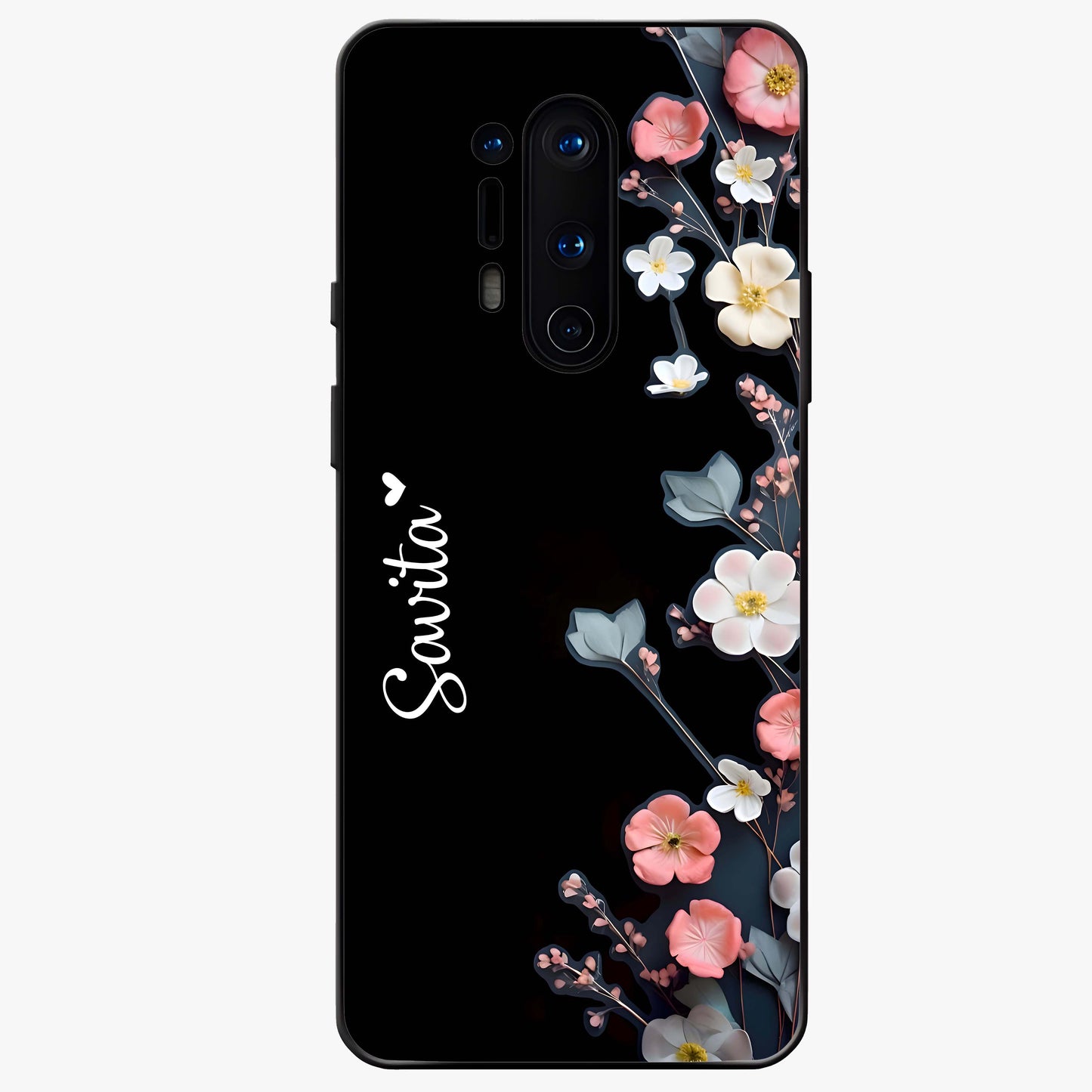 Black Elegance Floral Custom Name Glass Case showing flat back view with elegant floral artwork and personalized name design.
