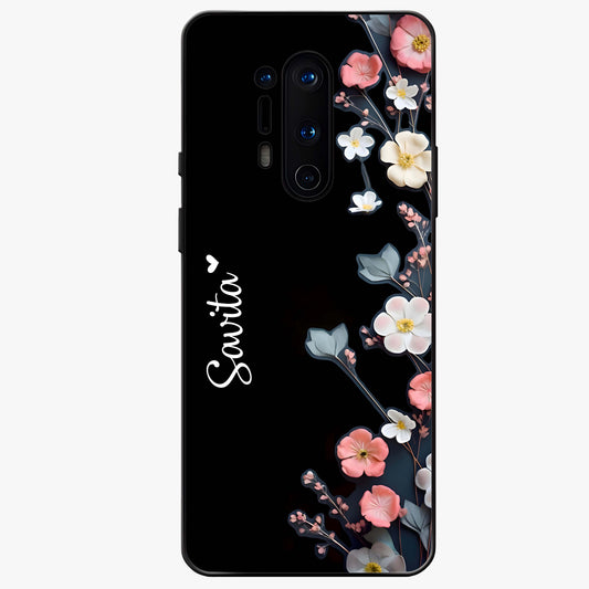 Black Elegance Floral Custom Name Glass Case showing flat back view with elegant floral artwork and personalized name design.