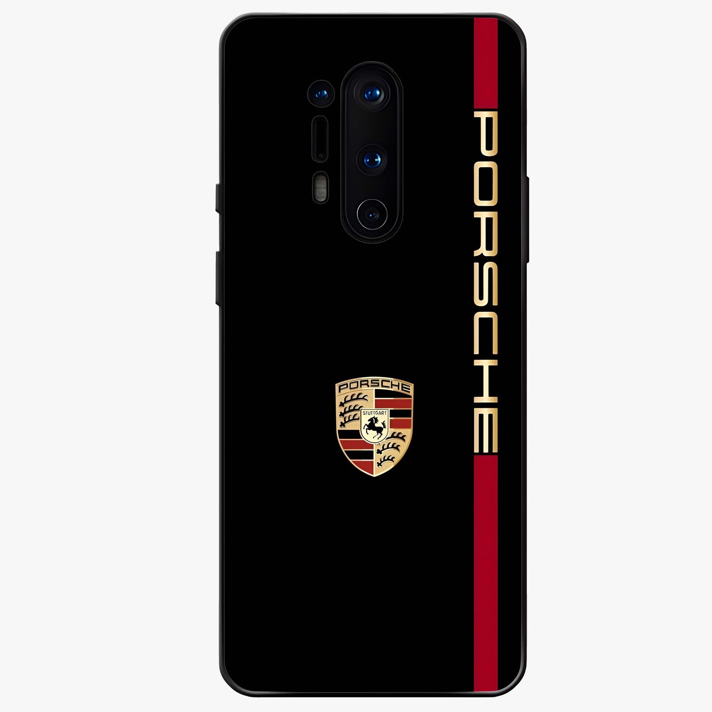 Black Minimal Porsche Glass Case showing flat back view with sleek minimal sports car artwork and glossy glass finish.