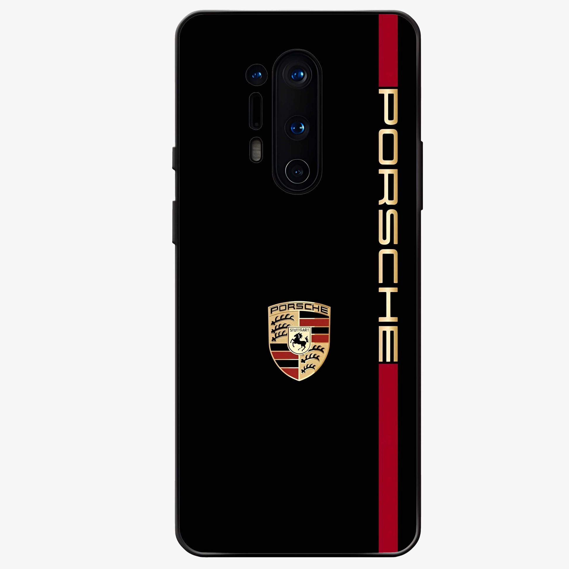 Black Minimal Porsche Glass Case showing flat back view with sleek minimal sports car artwork and glossy glass finish.