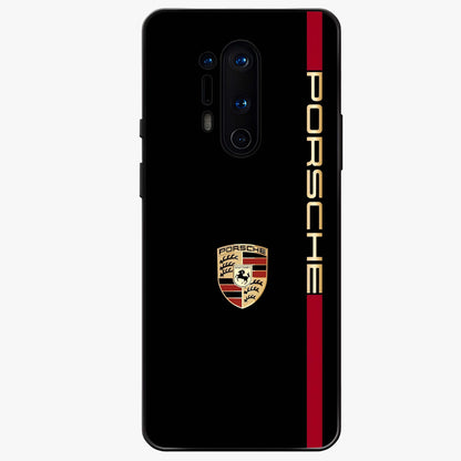 Black Minimal Porsche Glass Case showing flat back view with sleek minimal sports car artwork and glossy glass finish.