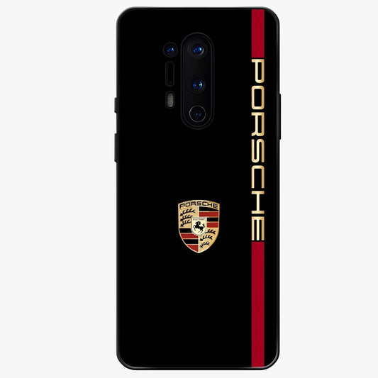 Black Minimal Porsche Glass Case showing flat back view with sleek minimal sports car artwork and glossy glass finish.