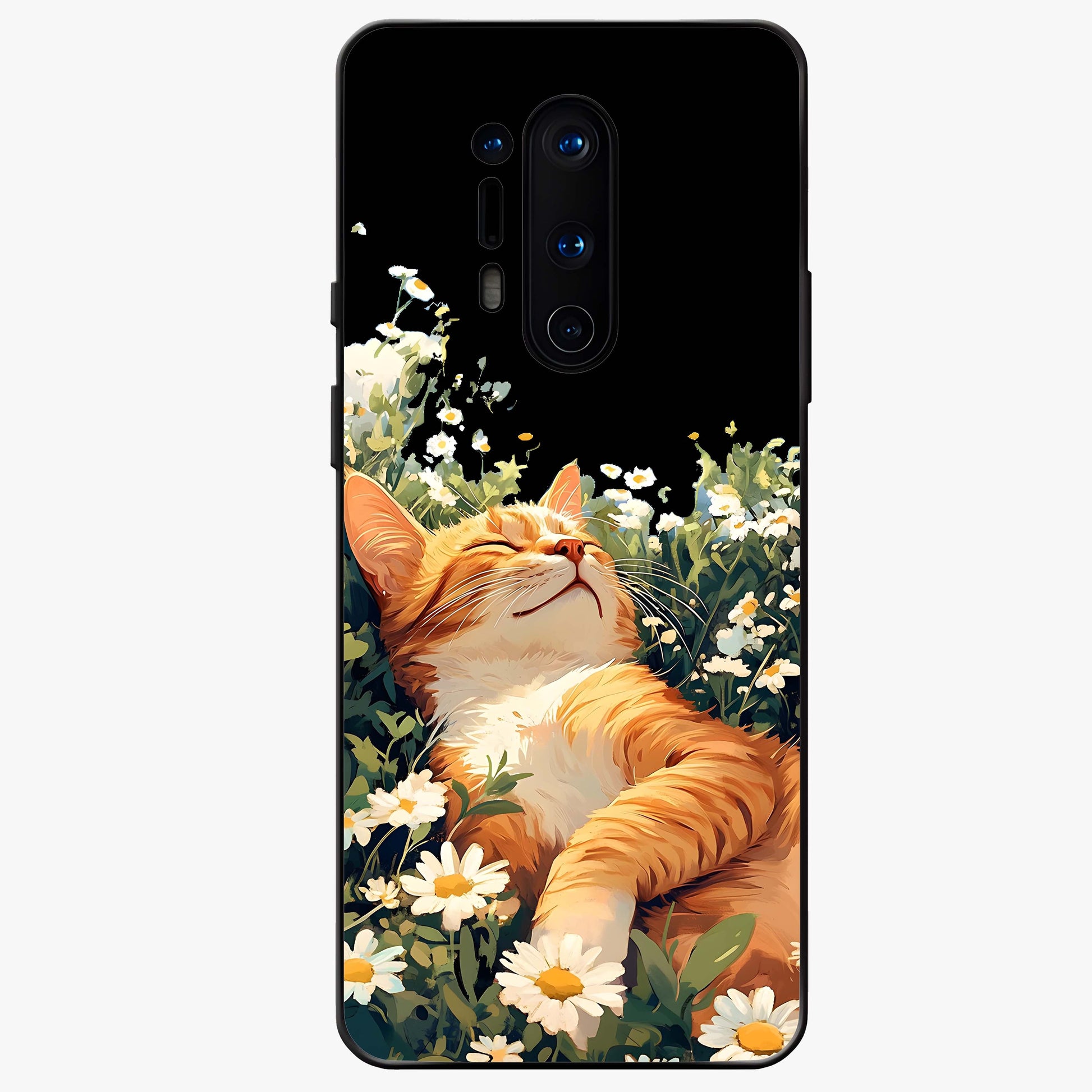 Blissful Bloom Cat Glass Case showing flat back view with cute cat and floral bloom artwork and glossy glass finish.