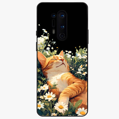 Blissful Bloom Cat Glass Case showing flat back view with cute cat and floral bloom artwork and glossy glass finish.