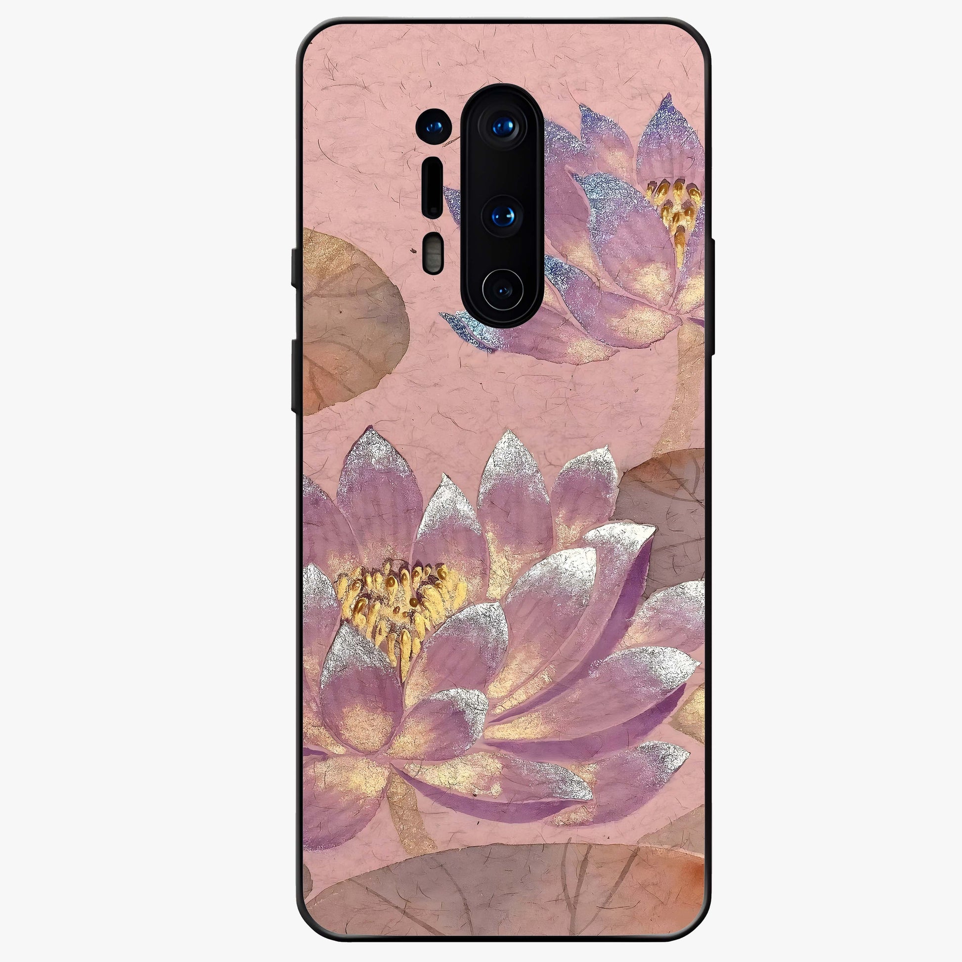 Blossom Mist Lotus Glass Case showing flat back view with serene lotus blossom artwork and glossy glass finish.