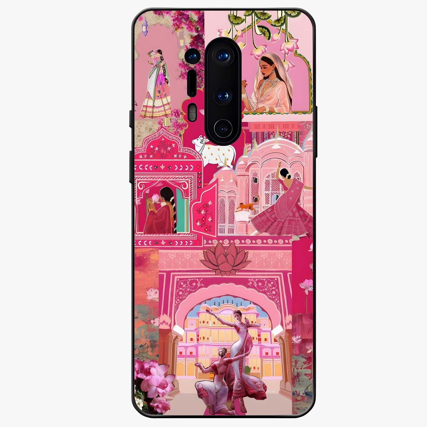 Blossoms of Rajasthan Glass Case showing flat back view with traditional floral artwork inspired by Rajasthan and glossy glass finish.