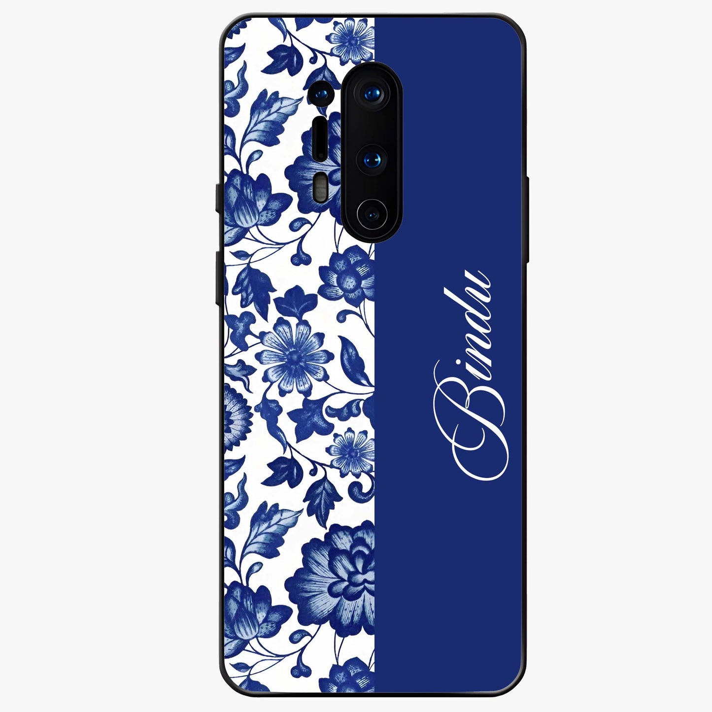 Blue Vintage Floral Pattern Glass Case upright view showcasing timeless floral illustration with vintage inspired style.
