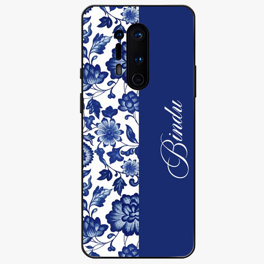Blue Vintage Floral Pattern Glass Case upright view showcasing timeless floral illustration with vintage inspired style.