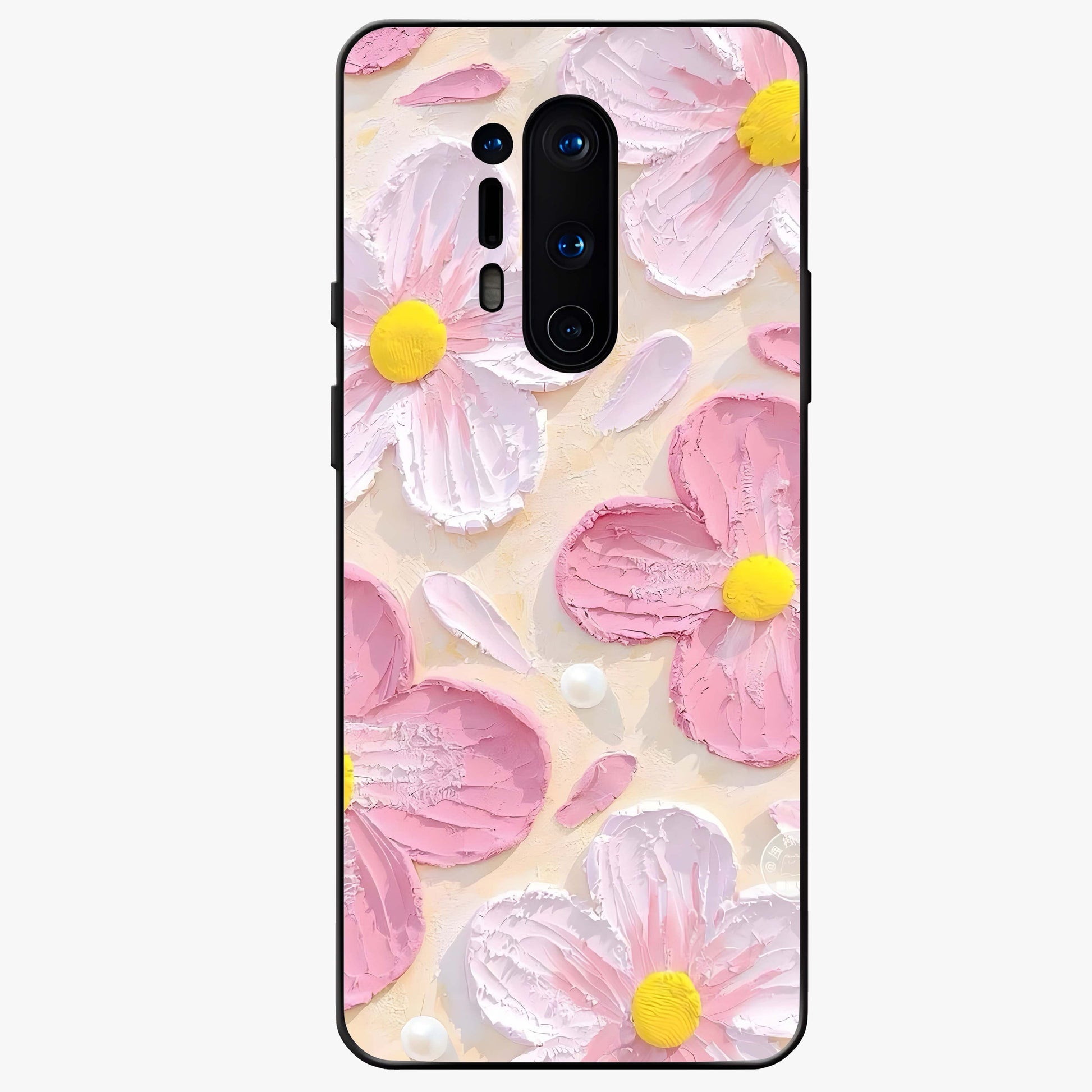 Blush Bloom Texture Glass Case showing flat back view with soft blush floral texture artwork and glossy glass finish.