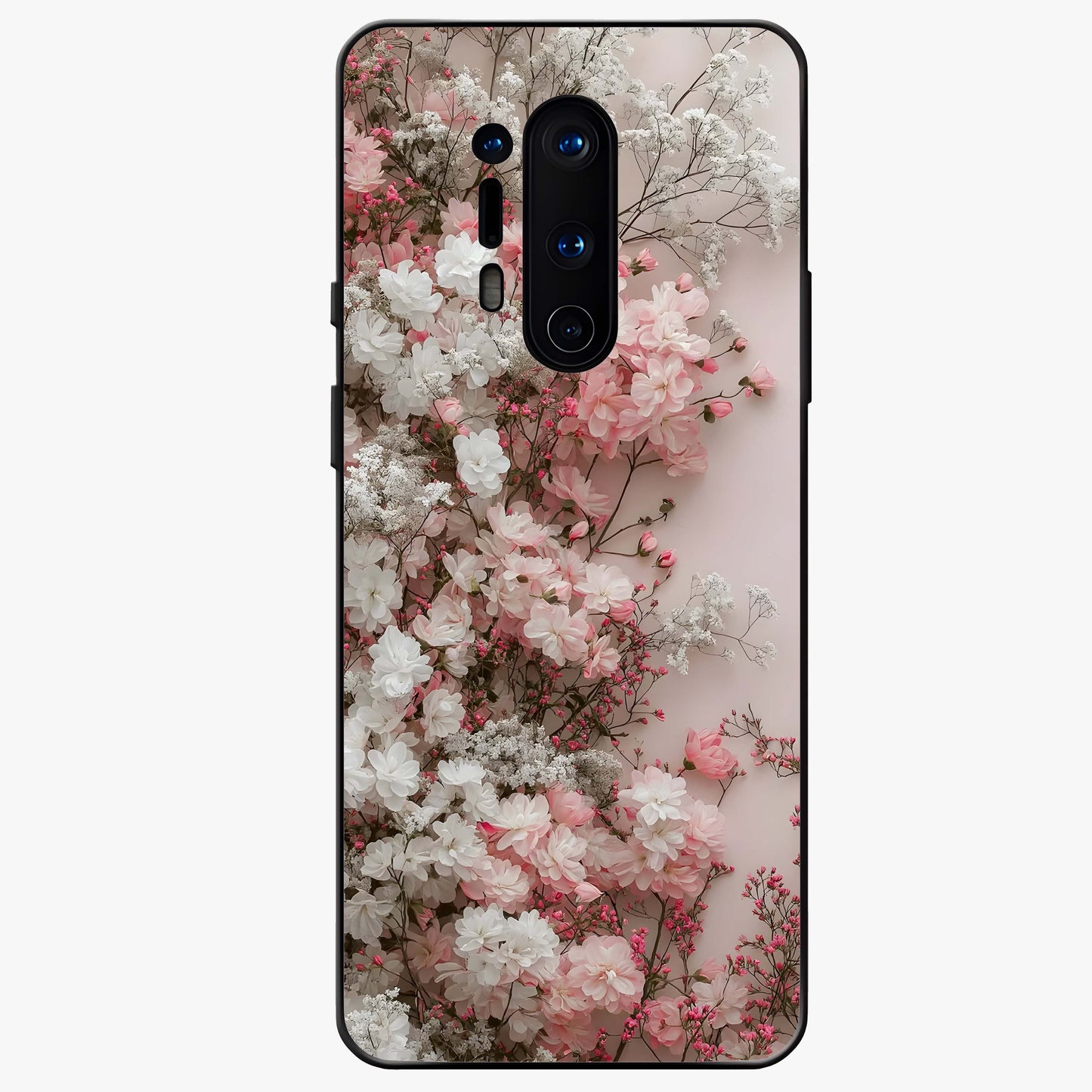 Blush Blossom Cloud Glass Case showing flat back view with dreamy blush cloud blossom artwork and glossy glass finish.