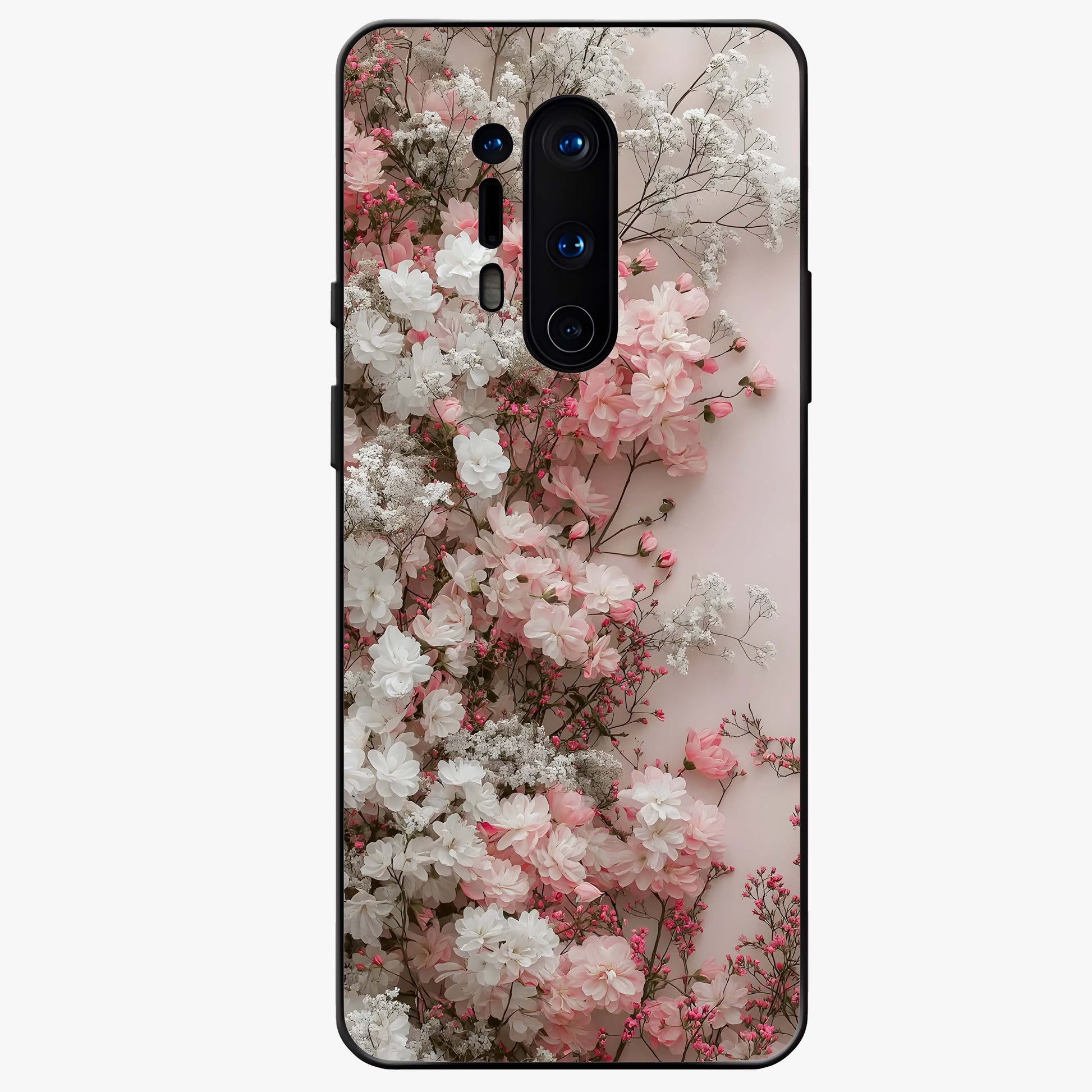 Blush Blossom Cloud Glass Case showing flat back view with dreamy blush cloud blossom artwork and glossy glass finish.