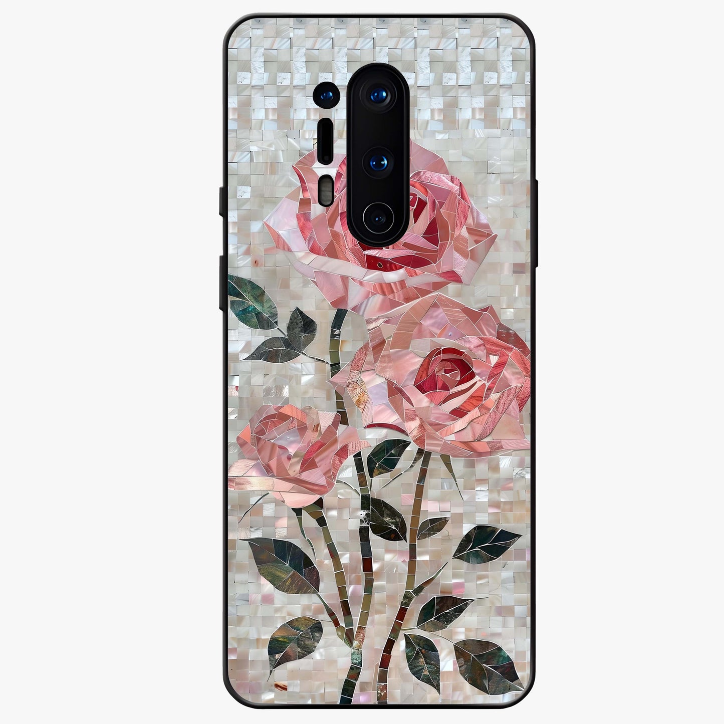 Blush Mosaic Bloom Glass Case showing flat back view with mosaic floral bloom artwork and glossy glass finish.