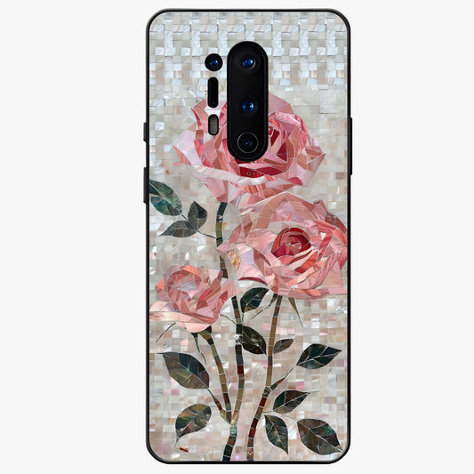 Blush Mosaic Bloom Glass Case showing flat back view with mosaic floral bloom artwork and glossy glass finish.
