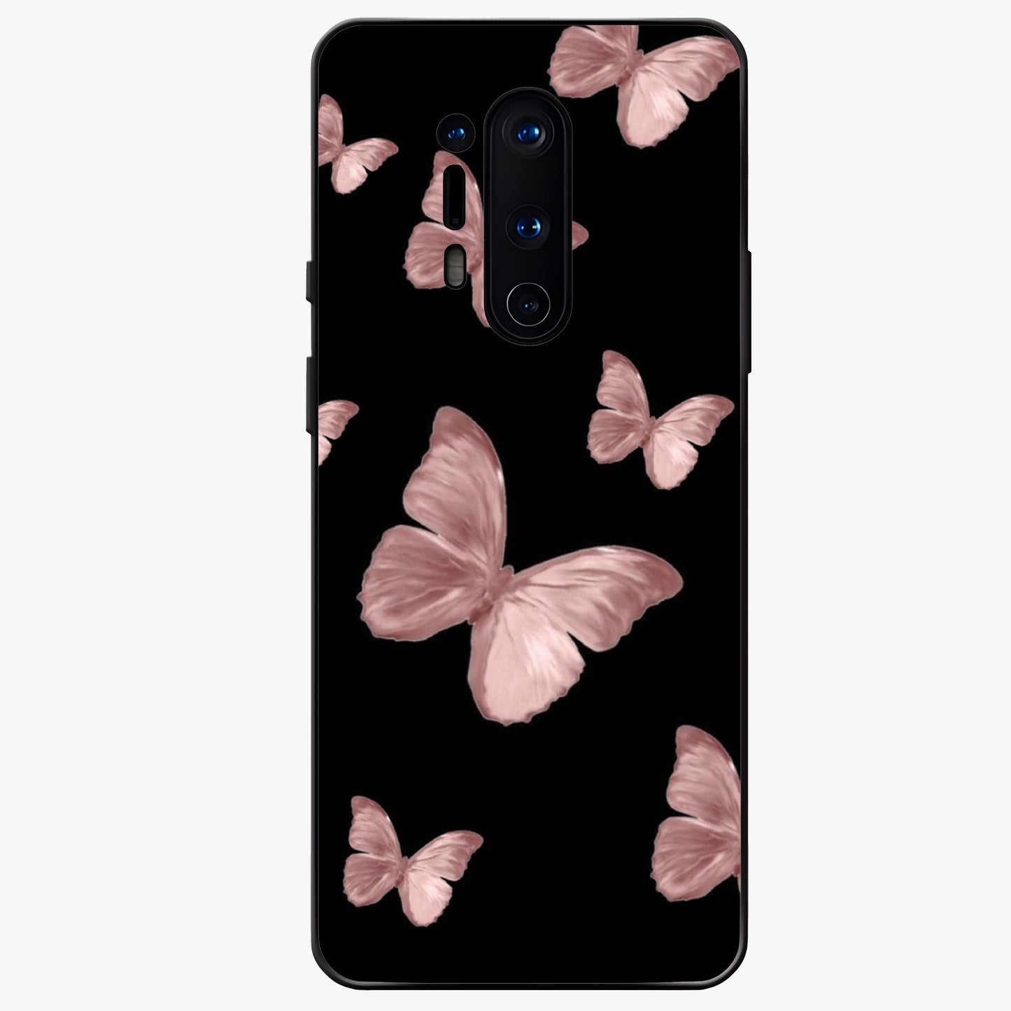 Butterfly Pattern Glass Case showing flat back view with elegant butterfly pattern artwork and glossy glass finish.