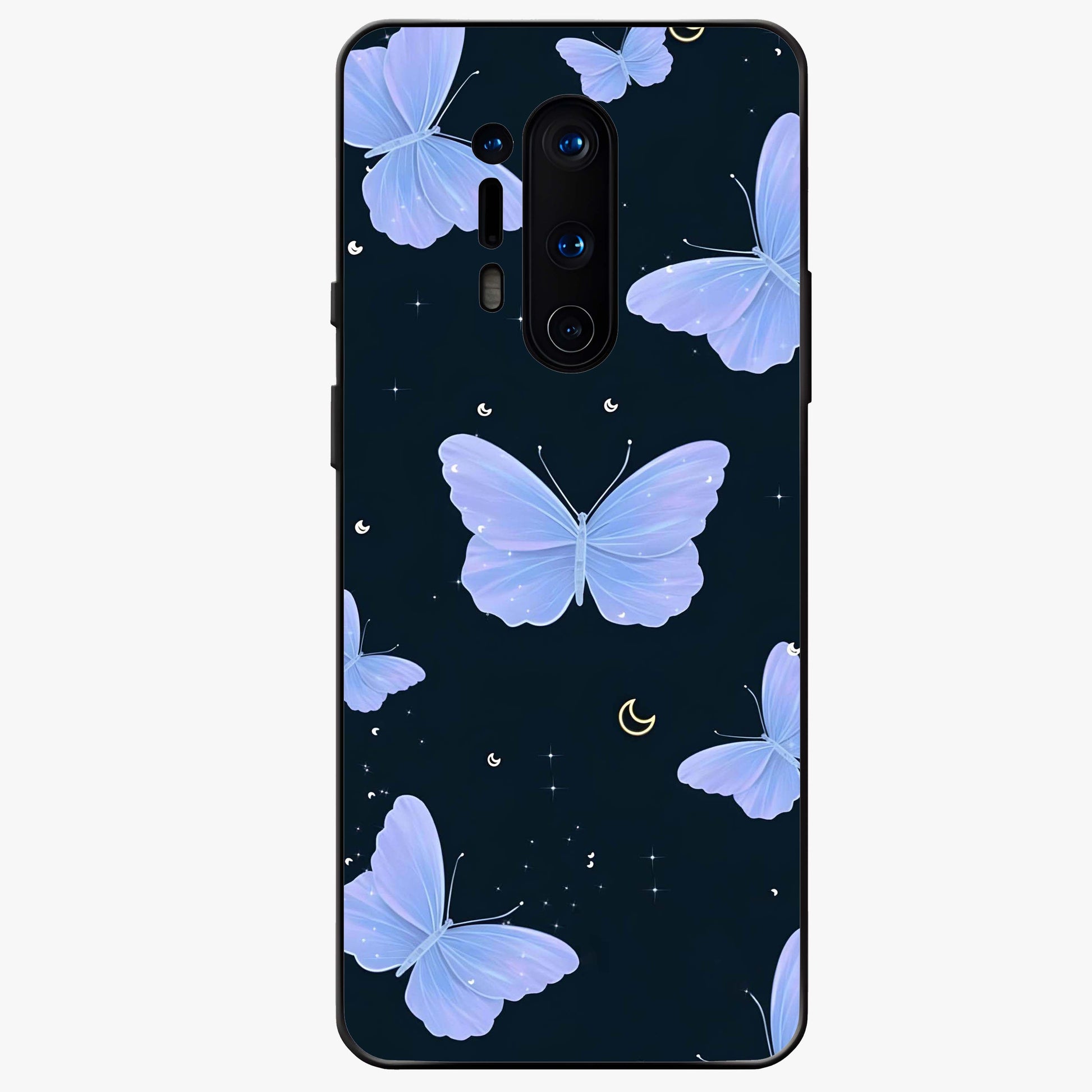 Butterfly With Stars Pattern Glass Case showing flat back view with butterfly and star pattern artwork and glossy glass finish.