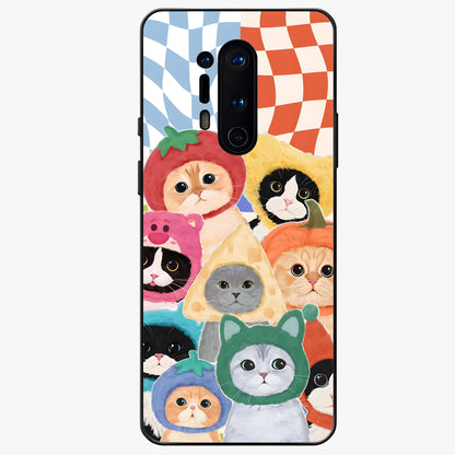 Cats in Fruits Glass Case showing flat back view with playful cat illustrations inside fruit artwork and glossy glass finish.